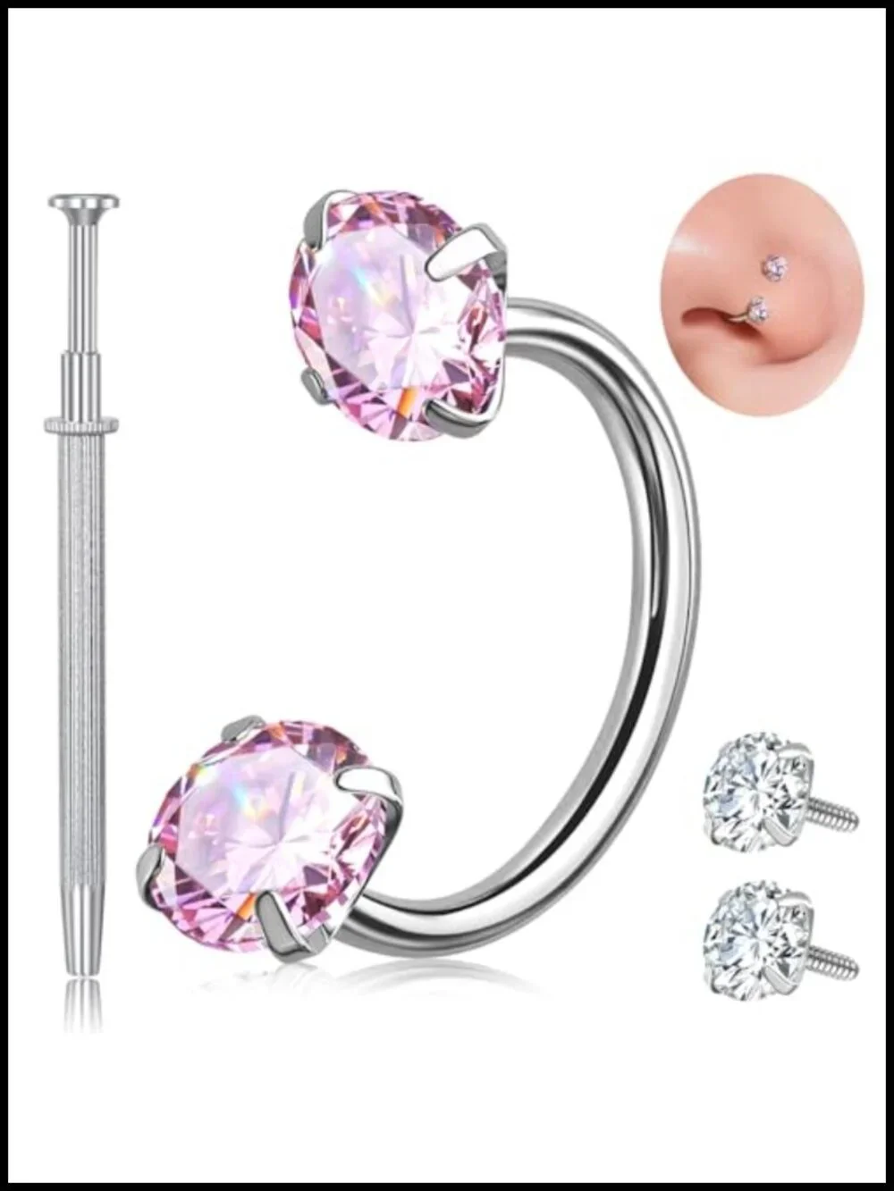 G23 Titanium Horseshoe Nose Ring 18G 20G Double Gem Hypoallergenic for Women